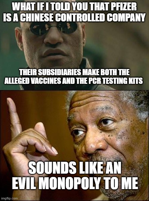 WHAT IF I TOLD YOU THAT PFIZER IS A CHINESE CONTROLLED COMPANY; THEIR SUBSIDIARIES MAKE BOTH THE ALLEGED VACCINES AND THE PCR TESTING KITS; SOUNDS LIKE AN EVIL MONOPOLY TO ME | image tagged in memes,matrix morpheus,this morgan freeman | made w/ Imgflip meme maker
