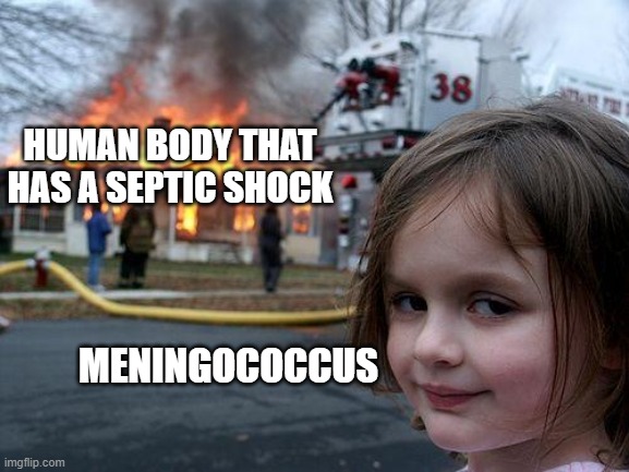 Disaster Girl Meme | HUMAN BODY THAT HAS A SEPTIC SHOCK; MENINGOCOCCUS | image tagged in memes,disaster girl | made w/ Imgflip meme maker