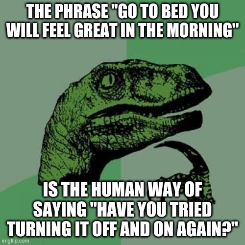 . |  THE PHRASE ''GO TO BED YOU WILL FEEL GREAT IN THE MORNING''; IS THE HUMAN WAY OF SAYING ''HAVE YOU TRIED TURNING IT OFF AND ON AGAIN?'' | image tagged in memes,philosoraptor | made w/ Imgflip meme maker