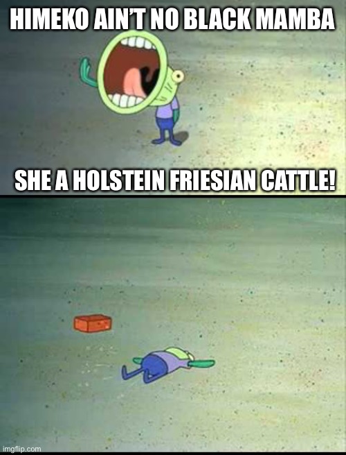 Hoopla dude calls Himeko Murata a Holstein Friesian Cattle | HIMEKO AIN’T NO BLACK MAMBA; SHE A HOLSTEIN FRIESIAN CATTLE! | image tagged in funny,funny memes | made w/ Imgflip meme maker