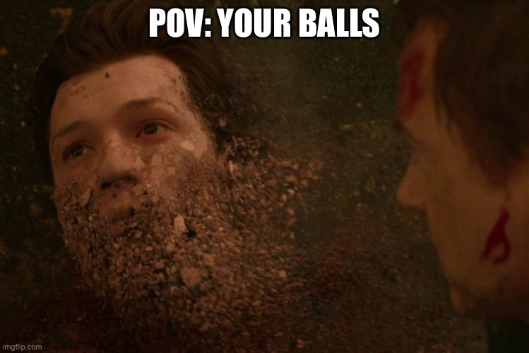 Spiderman getting Thanos snapped | POV: YOUR BALLS | image tagged in spiderman getting thanos snapped | made w/ Imgflip meme maker