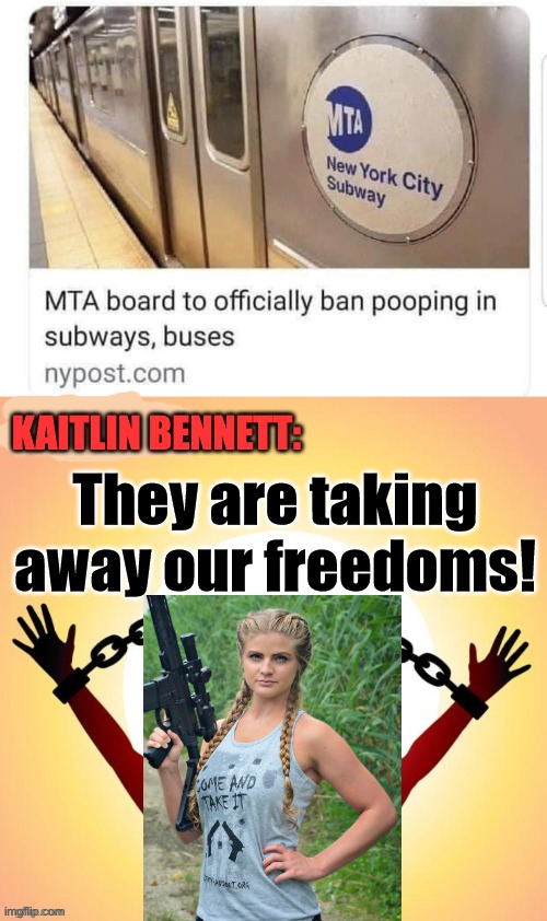 The freedom to shit ourselves in public is what made this country great, and now look what the woke left have taken from us. | KAITLIN BENNETT: | image tagged in kaitlin bennett,gun girl,freedom,urine,and,feces | made w/ Imgflip meme maker