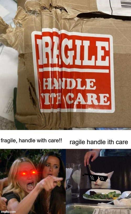 be care full, man!! its ragile!! | fragile, handle with care!! ragile handle ith care | image tagged in memes,woman yelling at cat | made w/ Imgflip meme maker