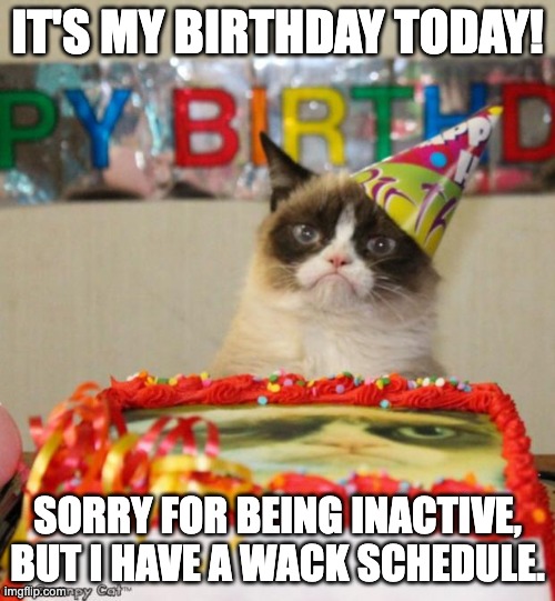 I just turned another year older! | IT'S MY BIRTHDAY TODAY! SORRY FOR BEING INACTIVE, BUT I HAVE A WACK SCHEDULE. | image tagged in birthday,im back | made w/ Imgflip meme maker