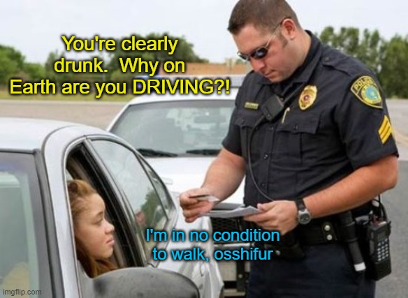 Watch me honest my way outta this ticket | You're clearly drunk.  Why on Earth are you DRIVING?! I'm in no condition to walk, osshifur | image tagged in traffic cop | made w/ Imgflip meme maker