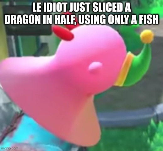 intense kirbo pog | LE IDIOT JUST SLICED A DRAGON IN HALF, USING ONLY A FISH | image tagged in intense kirbo pog | made w/ Imgflip meme maker