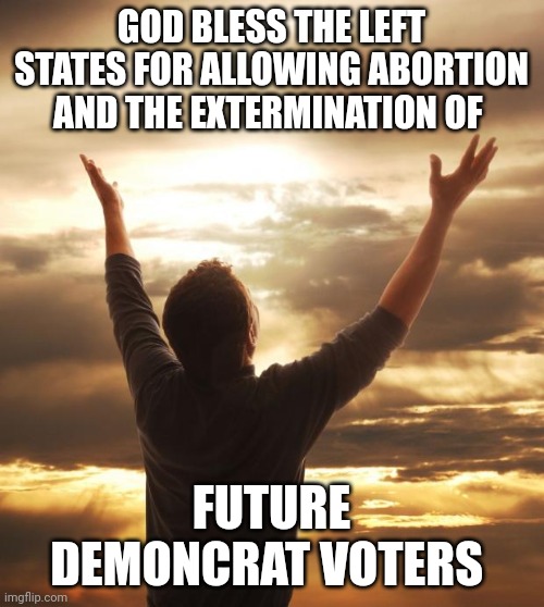 Simple mathematics | GOD BLESS THE LEFT STATES FOR ALLOWING ABORTION AND THE EXTERMINATION OF; FUTURE DEMONCRAT VOTERS | image tagged in god bless | made w/ Imgflip meme maker