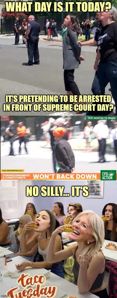 What day is it today? | WHAT DAY IS IT TODAY? IT'S PRETENDING TO BE ARRESTED IN FRONT OF SUPREME COURT DAY? NO SILLY... IT'S | image tagged in silly,democrats | made w/ Imgflip meme maker