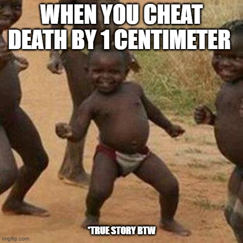: | |  WHEN YOU CHEAT DEATH BY 1 CENTIMETER; *TRUE STORY BTW | image tagged in memes,third world success kid | made w/ Imgflip meme maker