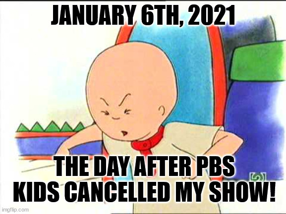 Caillou and January 6th |  JANUARY 6TH, 2021; THE DAY AFTER PBS KIDS CANCELLED MY SHOW! | image tagged in memes,caillou,angry caillou,pbs kids,usa,canada | made w/ Imgflip meme maker