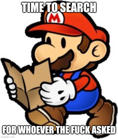 Paper Mario | TIME TO SEARCH FOR WHOEVER THE FUCK ASKED | image tagged in paper mario | made w/ Imgflip meme maker