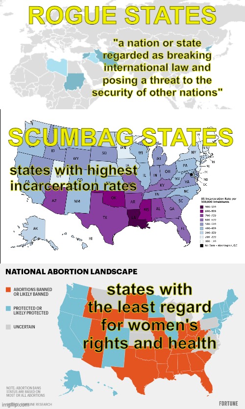 Sorry, the map hasn't been updated to show Russia as a rogue state yet | ROGUE STATES; "a nation or state regarded as breaking international law and posing a threat to the security of other nations"; SCUMBAG STATES; states with highest incarceration rates; states with the least regard for women's rights and health | image tagged in criminals,states,evil,patterns,maps | made w/ Imgflip meme maker