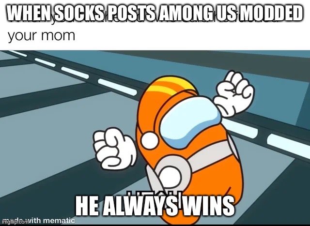 Yeah | WHEN SOCKS POSTS AMONG US MODDED; HE ALWAYS WINS | image tagged in yeah | made w/ Imgflip meme maker