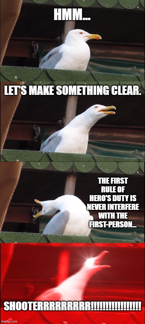 Inhailing Seagull in Hero's Duty | HMM... LET'S MAKE SOMETHING CLEAR. THE FIRST RULE OF HERO'S DUTY IS NEVER INTERFERE WITH THE FIRST-PERSON... SHOOTERRRRRRRRR!!!!!!!!!!!!!!!!! | image tagged in memes,inhaling seagull,wreck it ralph,disney,video games | made w/ Imgflip meme maker