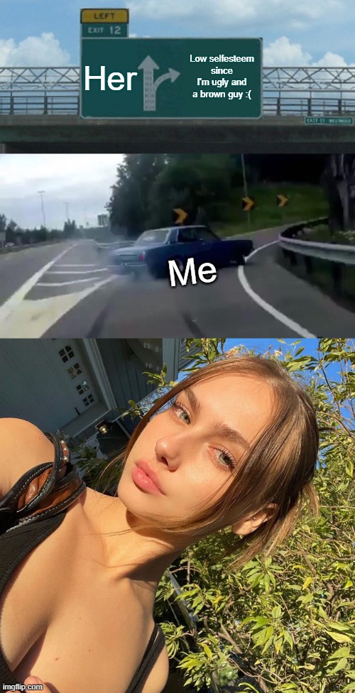 My Crush Molly Who I Had A Crush On Since 6 Years Ago When I was 14 | Her; Low selfesteem since I'm ugly and a brown guy :(; Me | image tagged in memes,left exit 12 off ramp,molly o'malia,my crush | made w/ Imgflip meme maker
