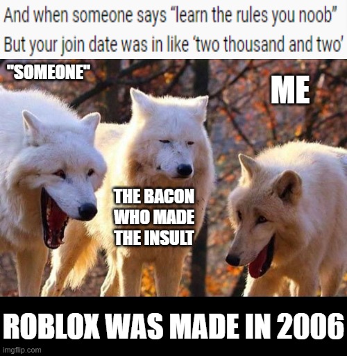 It was just rhyming but why? | "SOMEONE"; ME; THE BACON WHO MADE THE INSULT; ROBLOX WAS MADE IN 2006 | image tagged in laughing wolf,memes | made w/ Imgflip meme maker