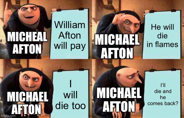 The gru lore | William Afton will pay; He will die in flames; MICHEAL AFTON; MICHAEL AFTON; I will die too; I’ll die and he comes back? MICHAEL AFTON; MICHAEL AFTON | image tagged in memes,gru's plan | made w/ Imgflip meme maker