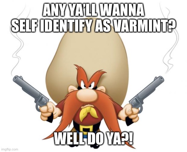 Self Identify | ANY YA’LL WANNA SELF IDENTIFY AS VARMINT? WELL DO YA?! | image tagged in yosemite sam | made w/ Imgflip meme maker