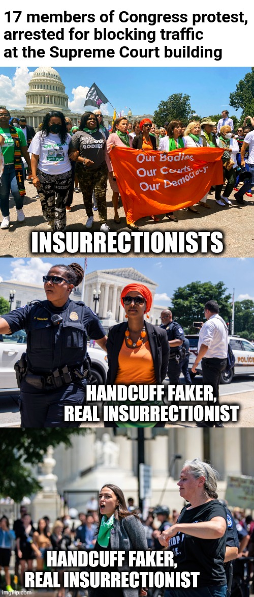 Next year, I hope Congress convenes July 19 hearings! |  17 members of Congress protest,
arrested for blocking traffic
at the Supreme Court building; INSURRECTIONISTS; HANDCUFF FAKER,
REAL INSURRECTIONIST; HANDCUFF FAKER,
REAL INSURRECTIONIST | image tagged in memes,insurrection,supreme court,squad,aoc,democrats | made w/ Imgflip meme maker