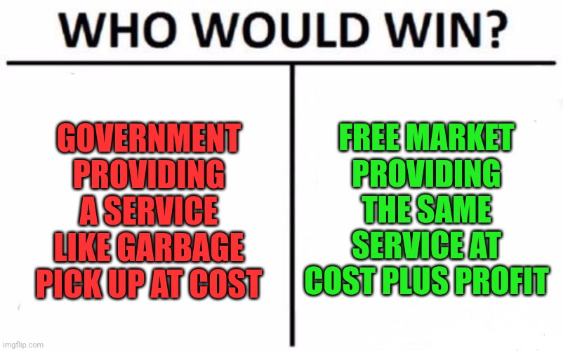 But, how do you spell bureaucracy? | FREE MARKET PROVIDING THE SAME SERVICE AT COST PLUS PROFIT; GOVERNMENT PROVIDING A SERVICE LIKE GARBAGE PICK UP AT COST | image tagged in memes,government,free market,who would win,profit,efficiency | made w/ Imgflip meme maker