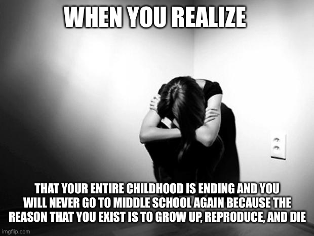 Zad | WHEN YOU REALIZE; THAT YOUR ENTIRE CHILDHOOD IS ENDING AND YOU WILL NEVER GO TO MIDDLE SCHOOL AGAIN BECAUSE THE REASON THAT YOU EXIST IS TO GROW UP, REPRODUCE, AND DIE | image tagged in depression sadness hurt pain anxiety | made w/ Imgflip meme maker