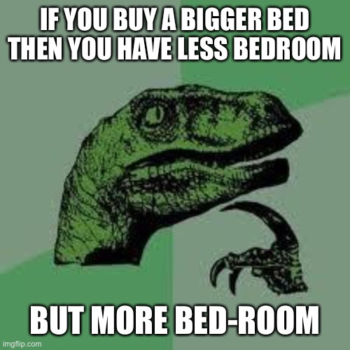 Bedroom-the room. Bed-room the Bed it’s self | IF YOU BUY A BIGGER BED THEN YOU HAVE LESS BEDROOM; BUT MORE BED-ROOM | image tagged in dinosaur | made w/ Imgflip meme maker