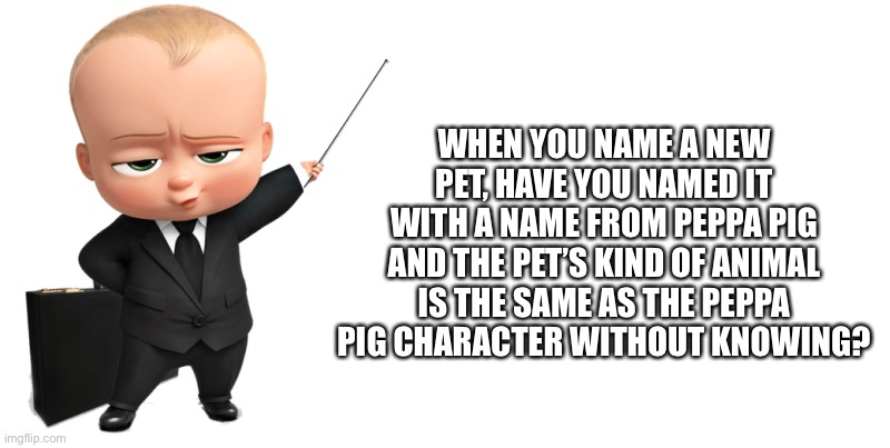That happened to me before | WHEN YOU NAME A NEW PET, HAVE YOU NAMED IT WITH A NAME FROM PEPPA PIG AND THE PET’S KIND OF ANIMAL IS THE SAME AS THE PEPPA PIG CHARACTER WITHOUT KNOWING? | image tagged in boss baby make a statement,peppa pig | made w/ Imgflip meme maker