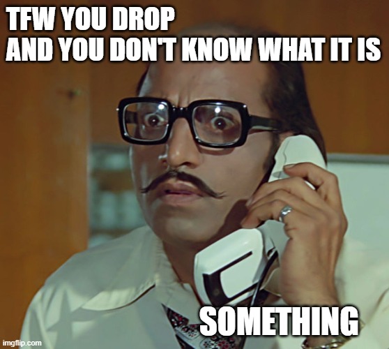 idk | TFW YOU DROP        AND YOU DON'T KNOW WHAT IT IS; SOMETHING | image tagged in my face when mfw / that face when tfw | made w/ Imgflip meme maker