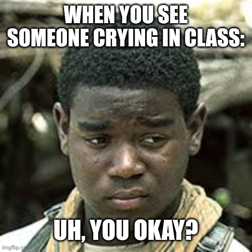 Yep. | WHEN YOU SEE SOMEONE CRYING IN CLASS:; UH, YOU OKAY? | image tagged in frypan,maze runner,relatable | made w/ Imgflip meme maker