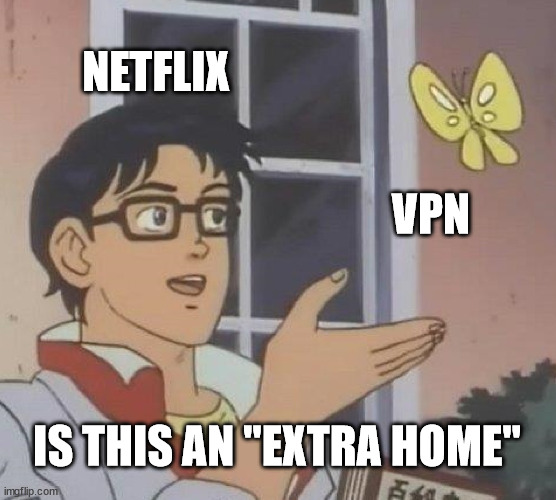 Extra fees in 3... 2... 1... | NETFLIX; VPN; IS THIS AN "EXTRA HOME" | image tagged in memes,is this a pigeon | made w/ Imgflip meme maker