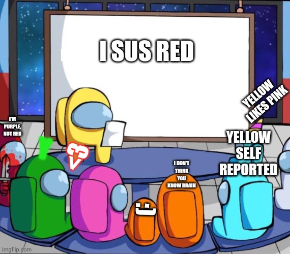 among us presentation | I SUS RED; YELLOW LIKES PINK; I'M PURPLE, NOT RED; YELLOW SELF REPORTED; Y; <3; I DON'T THINK YOU KNOW BRAIN; :) | image tagged in among us presentation | made w/ Imgflip meme maker