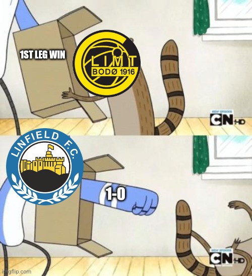 Linfield 1-0 Bodo Glimt | 1ST LEG WIN; 1-0 | image tagged in mordecai punches rigby through a box,regular show,champions league,futbol,memes | made w/ Imgflip meme maker