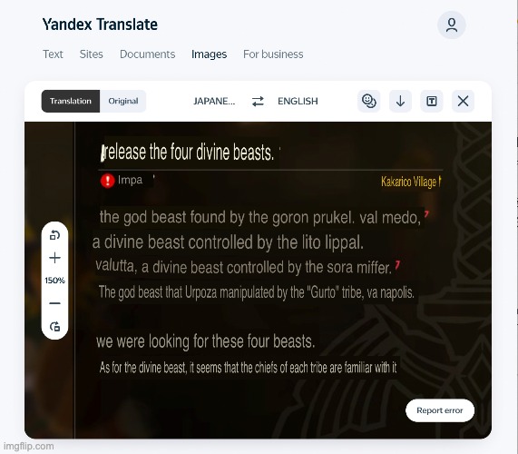 Somehow I feel like this isn't an accurate translation... | image tagged in the legend of zelda breath of the wild,divine beasts,zelda,legend of zelda,translation,ai | made w/ Imgflip meme maker