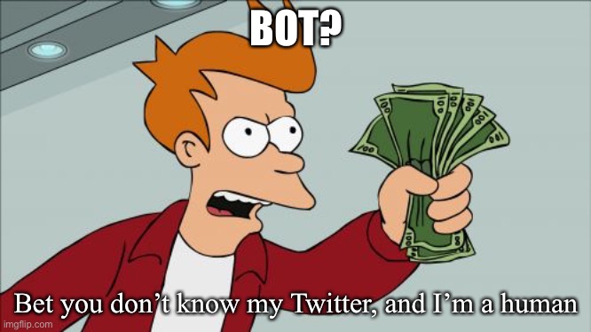 Shut Up And Take My Money Fry | BOT? Bet you don’t know my Twitter, and I’m a human | image tagged in memes,shut up and take my money fry | made w/ Imgflip meme maker