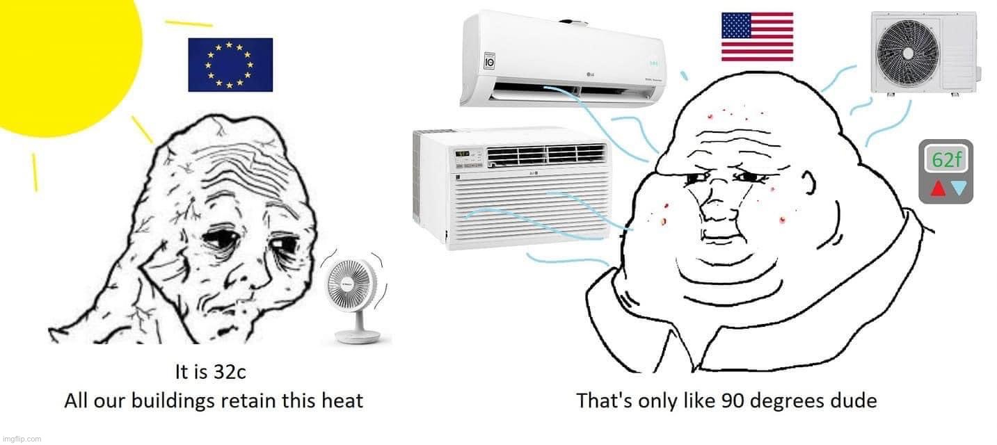 Yo Eurojack time to level up with some A/C my dude | image tagged in e u vs murica,eurojack,eu,air conditioner,heat wave,bruh | made w/ Imgflip meme maker
