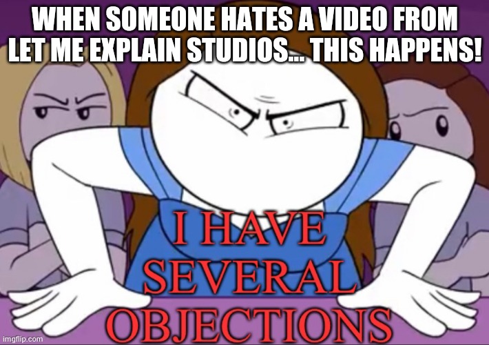 Funny Meme | WHEN SOMEONE HATES A VIDEO FROM LET ME EXPLAIN STUDIOS... THIS HAPPENS! | image tagged in i have several objections,let me explain studios,rebeccaparham,funny | made w/ Imgflip meme maker