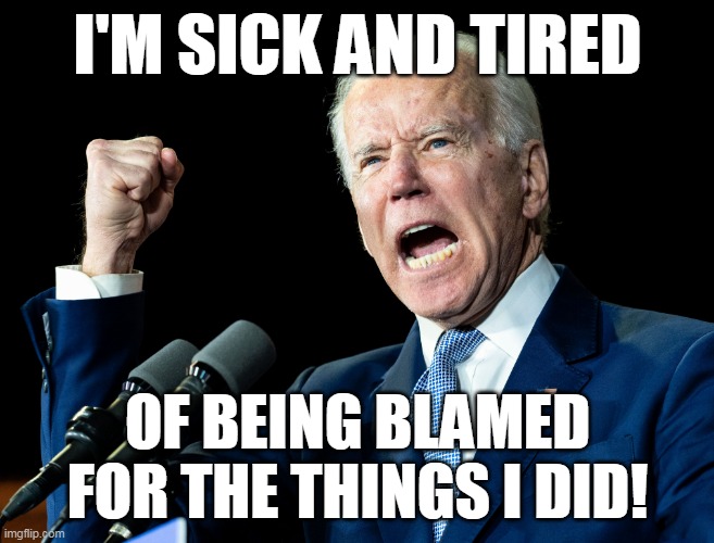 If you voted for this idiot, it's your fault, too. | I'M SICK AND TIRED; OF BEING BLAMED FOR THE THINGS I DID! | image tagged in sad joe biden,creepy joe biden,inflation,gas prices,election fraud | made w/ Imgflip meme maker