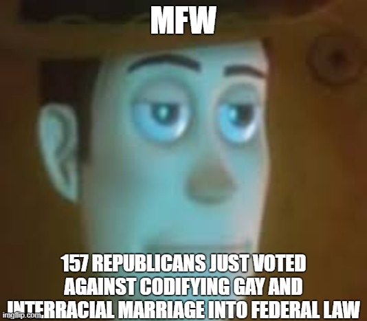 Republicans are ghouls | MFW; 157 REPUBLICANS JUST VOTED AGAINST CODIFYING GAY AND INTERRACIAL MARRIAGE INTO FEDERAL LAW | image tagged in disappointed woody,republicans,my face when,marriage equality,lgbtq,interracial couple | made w/ Imgflip meme maker