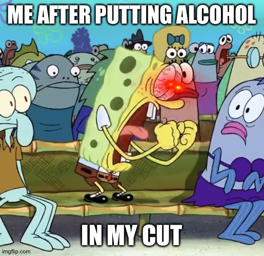 pain | ME AFTER PUTTING ALCOHOL; IN MY CUT | image tagged in spongebob yelling,pain,hide the pain harold,random tag i decided to put | made w/ Imgflip meme maker