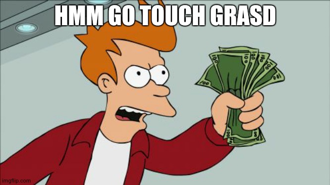 Shut Up And Take My Money Fry | HMM GO TOUCH GRASD | image tagged in memes,shut up and take my money fry | made w/ Imgflip meme maker