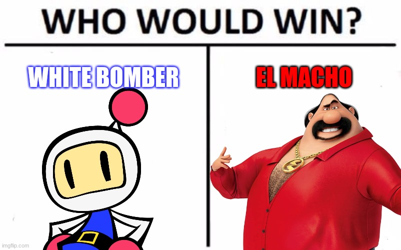 Hero vs Villain #1 | WHITE BOMBER; EL MACHO | image tagged in bomberman,despicable me,who would win,crossover | made w/ Imgflip meme maker