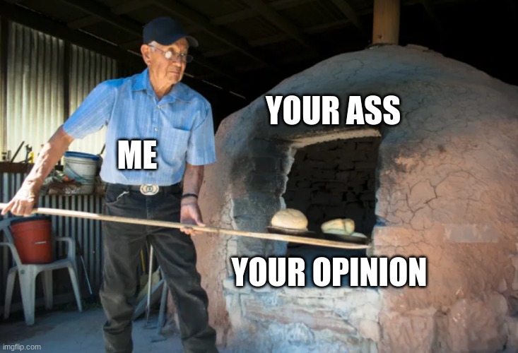Shove it! | YOUR ASS; ME; YOUR OPINION | image tagged in funny,opinion,bread,funny memes,who cares,memes | made w/ Imgflip meme maker
