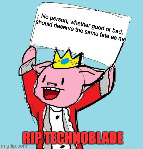Comment if you agree and RIP techno blade | No person, whether good or bad, should deserve the same fate as me; RIP TECHNOBLADE | image tagged in technoblade holding sign | made w/ Imgflip meme maker