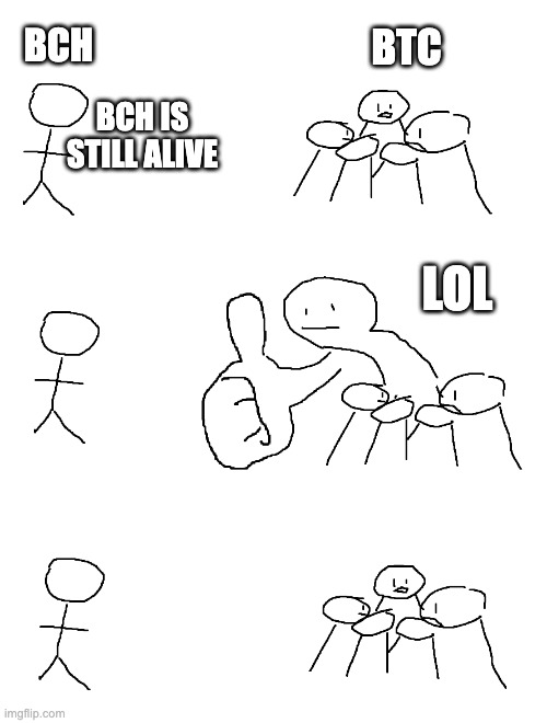 Giant Thumb Guy | BTC; BCH; BCH IS STILL ALIVE; LOL | image tagged in giant thumb guy | made w/ Imgflip meme maker