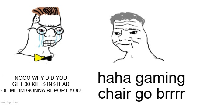 gaming chair is always the best choice | NOOO WHY DID YOU GET 30 KILLS INSTEAD OF ME IM GONNA REPORT YOU; haha gaming chair go brrrr | image tagged in nooo haha go brrr,memes,argue | made w/ Imgflip meme maker