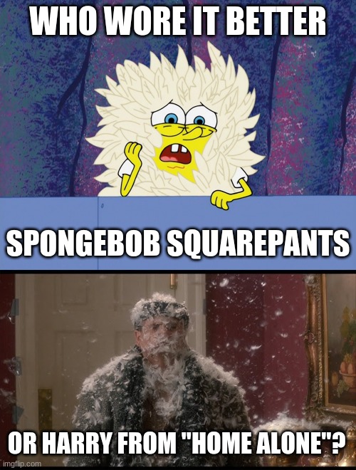 Who Wore It Better Wednesday #116 - Feathers |  WHO WORE IT BETTER; SPONGEBOB SQUAREPANTS; OR HARRY FROM "HOME ALONE"? | image tagged in memes,who wore it better,spongebob squarepants,home alone,nickelodeon,20th century fox | made w/ Imgflip meme maker