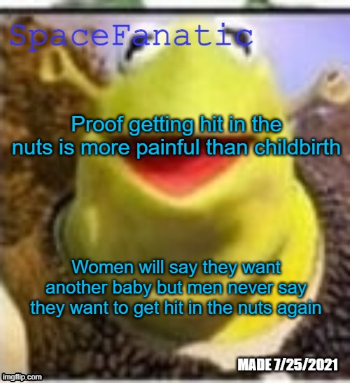 Ye Olde Announcements | Proof getting hit in the nuts is more painful than childbirth; Women will say they want another baby but men never say they want to get hit in the nuts again | image tagged in spacefanatic announcement temp | made w/ Imgflip meme maker