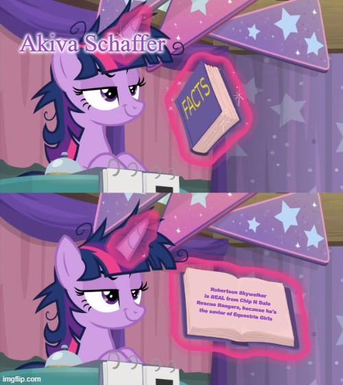 Robertson Skywalker WAS HERE ON CNDRR | Akiva Schaffer; Robertson Skywalker is REAL from Chip N Dale Rescue Rangers, because he's the savior of Equestria Girls | image tagged in twilight's fact book remastered,disney,my little pony,twilight sparkle | made w/ Imgflip meme maker