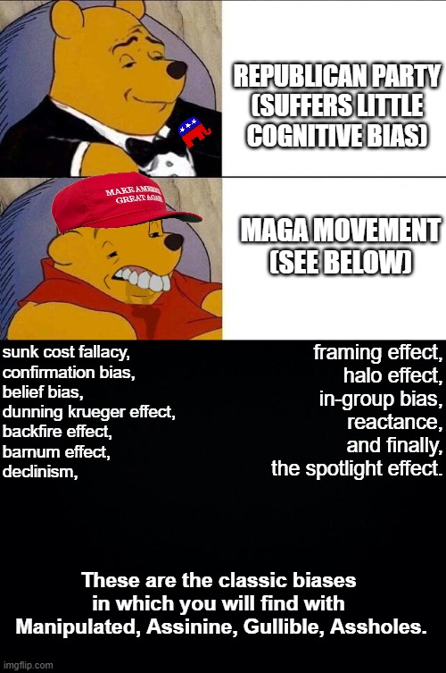 Not to say we are without our biases, but at least we consider them. | REPUBLICAN PARTY
(SUFFERS LITTLE COGNITIVE BIAS); MAGA MOVEMENT
(SEE BELOW); framing effect,
halo effect,
in-group bias,
reactance,
and finally,
the spotlight effect. sunk cost fallacy,
confirmation bias,
belief bias,
dunning krueger effect,
backfire effect,
barnum effect,
declinism, These are the classic biases in which you will find with
 Manipulated, Assinine, Gullible, Assholes. | image tagged in tuxedo winnie the pooh grossed reverse,black background,maga,dunning krueger,confirmation bias,yourbiasis | made w/ Imgflip meme maker