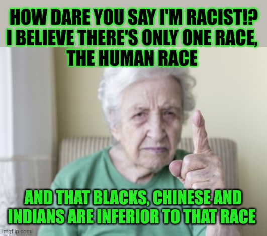 Calling racists 'racist' is not nice. So how should we call racists? | HOW DARE YOU SAY I'M RACIST!?
I BELIEVE THERE'S ONLY ONE RACE, 
THE HUMAN RACE; AND THAT BLACKS, CHINESE AND INDIANS ARE INFERIOR TO THAT RACE | image tagged in racism,human race,racist | made w/ Imgflip meme maker